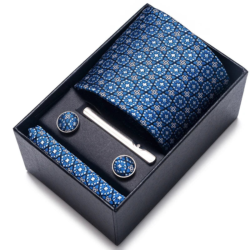 8 cm Wide Tie Sets Blue Solid Men's Neck Tie Handkerchief Cufflinks Clip Gift Silk Handmade