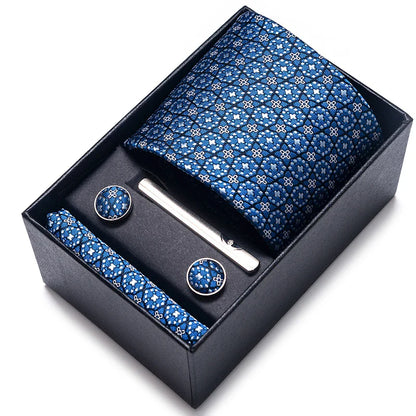 8 cm Wide Tie Sets Blue Solid Men's Neck Tie Handkerchief Cufflinks Clip Gift Silk Handmade