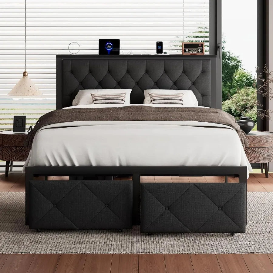 Full Bed Frame with 2 Storage Drawers Upholstered Headboard  Charging Station No Box Spring Needed Metal