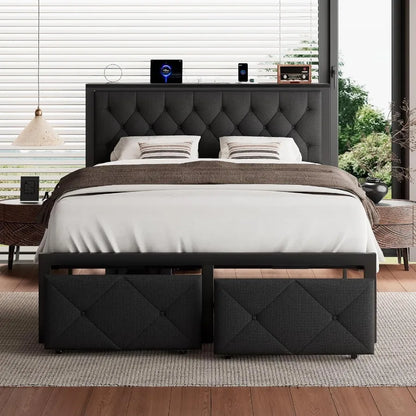 Full Bed Frame with 2 Storage Drawers Upholstered Headboard  Charging Station No Box Spring Needed Metal