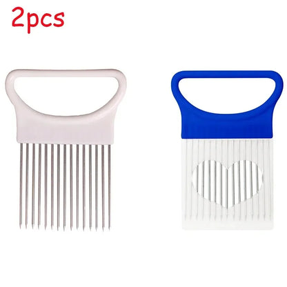 1/2/3/4pcs Effortlessly, Slice Onions with this 1pc Colorful Onion Slicer stainless steel potato chip onion holder.
