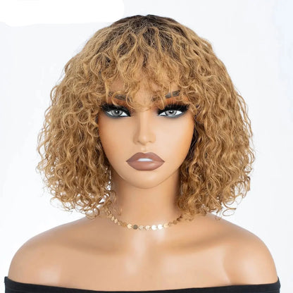 150% Density Ombre Honey Blonde Curly Bob Wig | Glueless Human Hair with Bangs