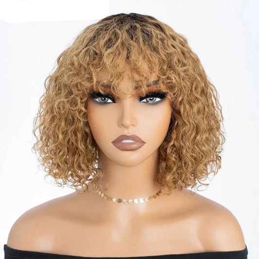 150% Density Ombre Honey Blonde Curly Bob Wig | Glueless Human Hair with Bangs