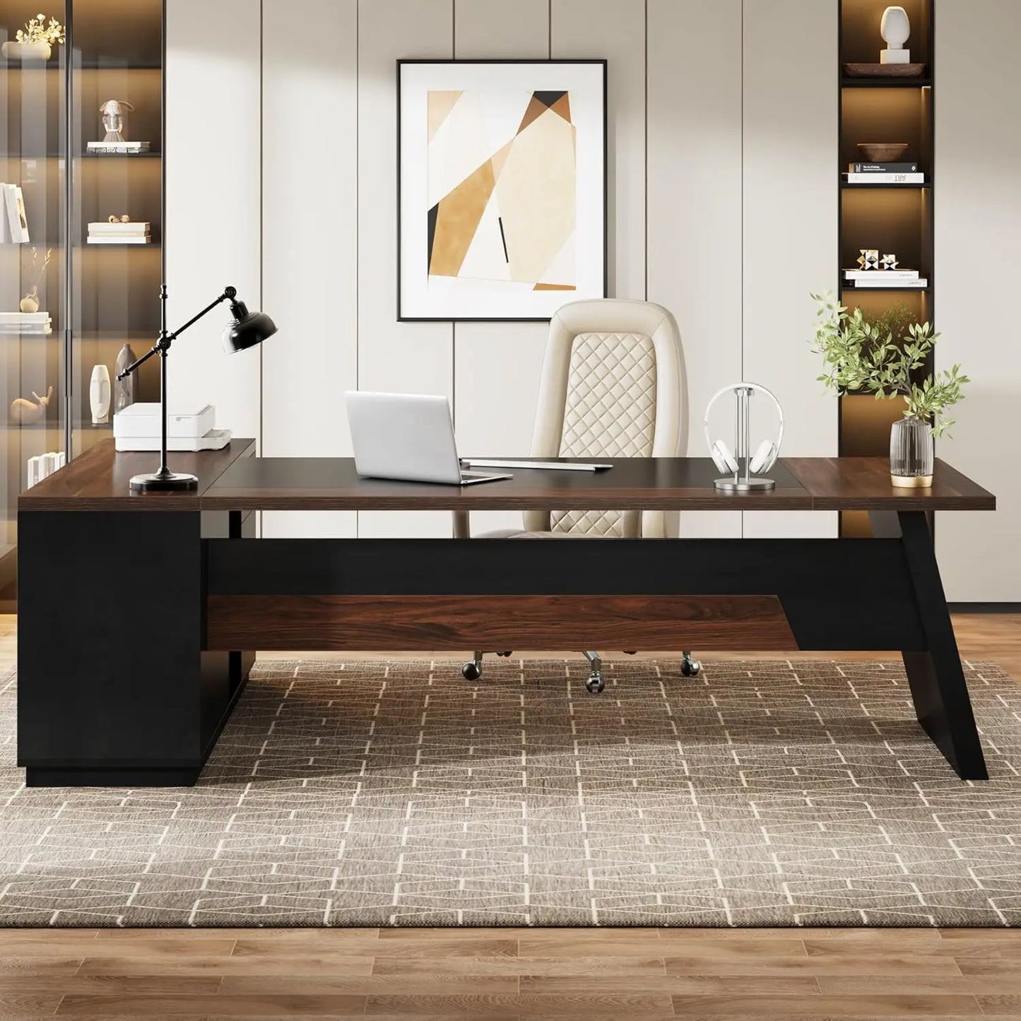 L-Shaped Executive Desk with  Drawers and Lateral File Cabinet,