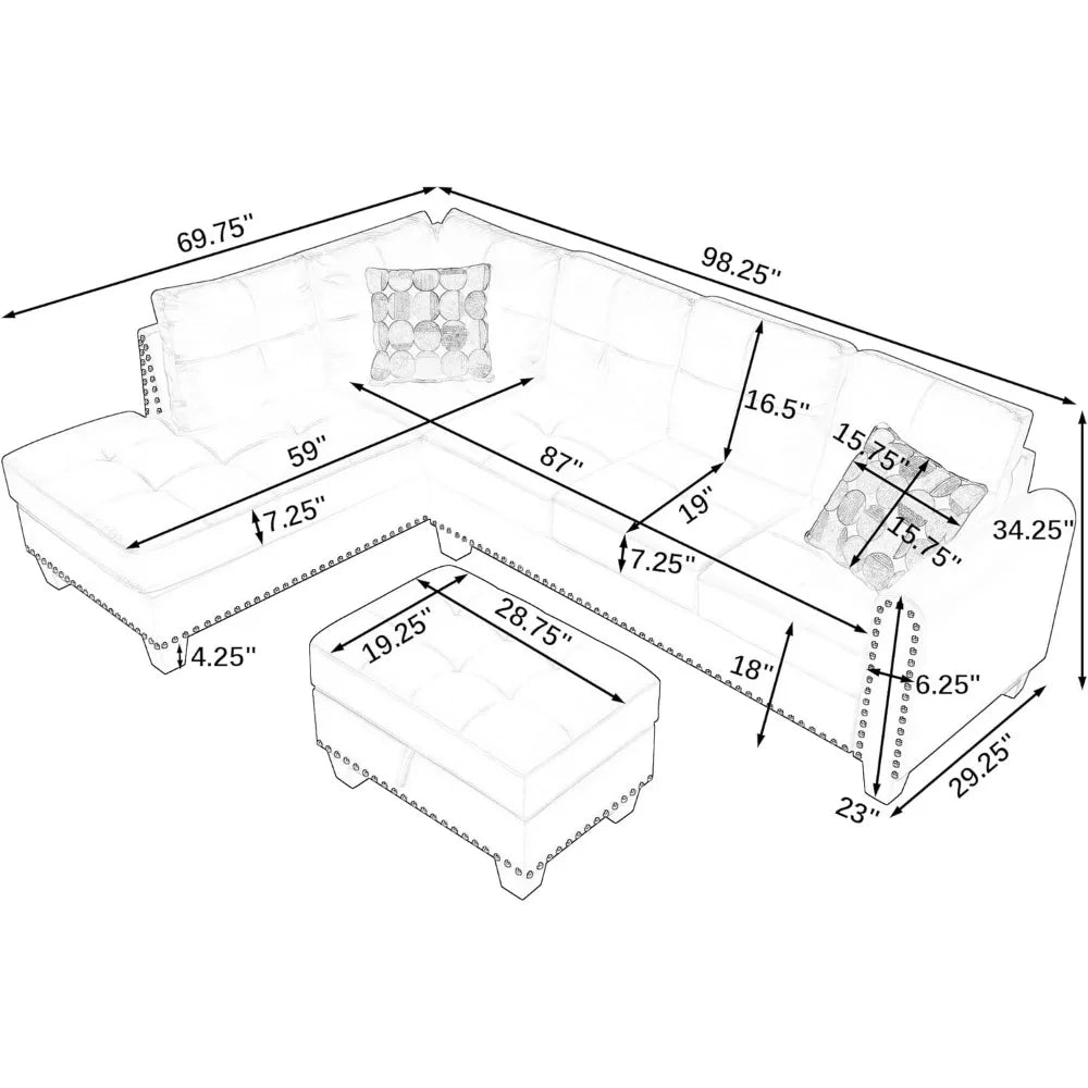 3-Piece Sectional Couch Set L Shape 98" Wide Sofa, with 2 Cup Holders, Storage Ottoman
