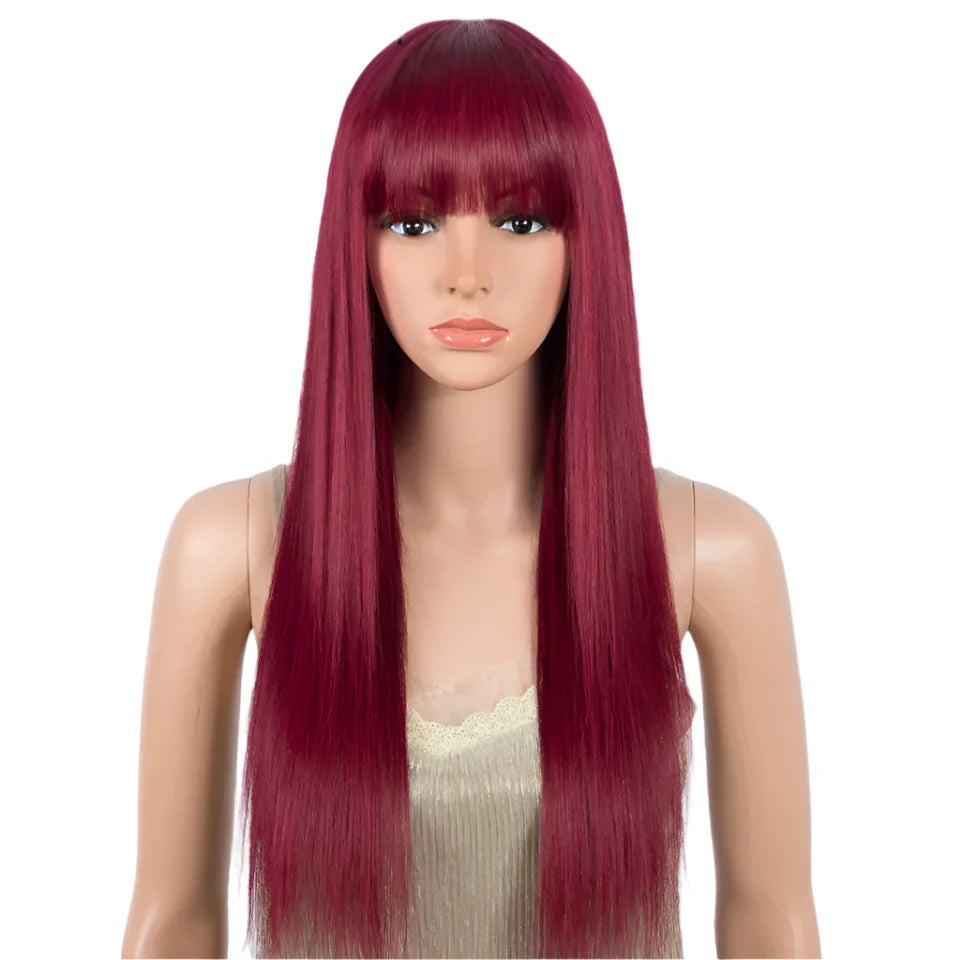Burgundy Straight Wig with Bangs | "Put On & Go" Glueless Human Hair