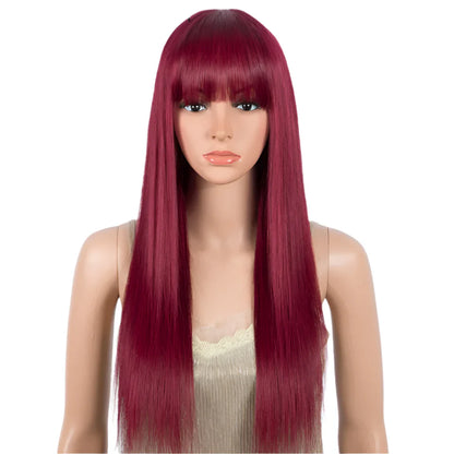 Burgundy Straight Wig with Bangs | "Put On & Go" Glueless Human Hair