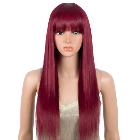 Burgundy Straight Wig with Bangs | "Put On & Go" Glueless Human Hair