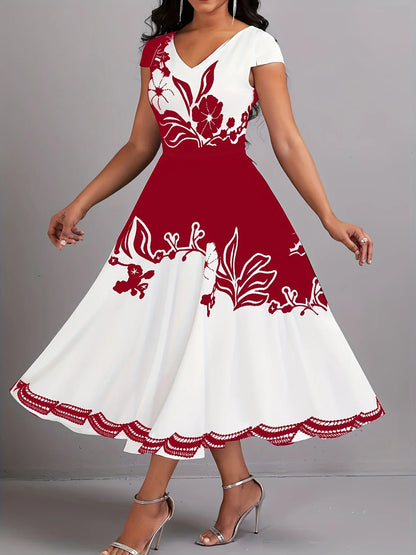 Plus Size Peplum Floral Print Dress - Elegant V-Neck, Short Sleeves, Scalloped Hem, Zipper Closure,