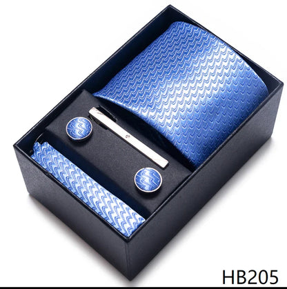 8 cm Wide Tie Sets Blue Solid Men's Neck Tie Handkerchief Cufflinks Clip Gift Silk Handmade