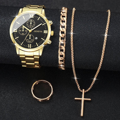 4pcs/set Men's Watch Bracelet Necklace Ring Set   (No Box)