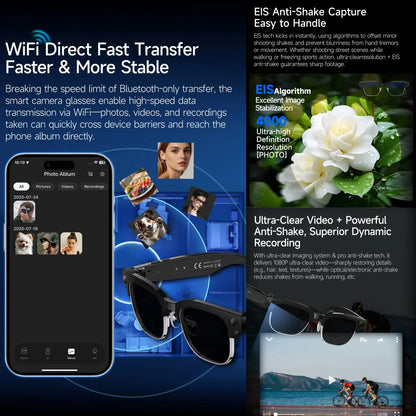 AI Smart Glasses 8MP Bluetooth, Waterproof ,IP66 with Video Recording, Photo Recognition, Translation, 290mAh Glasses for Everyday Use.