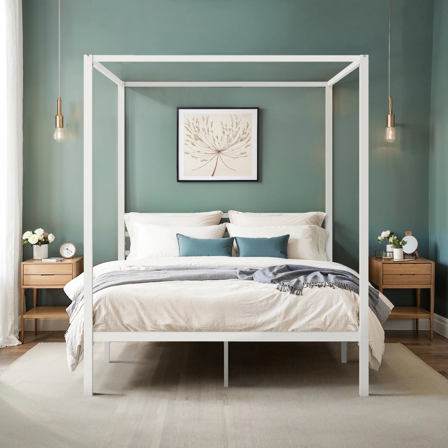 Canopy Bed Frame 4-Poster 3-Metal Crossbar, No Box Spring Needed