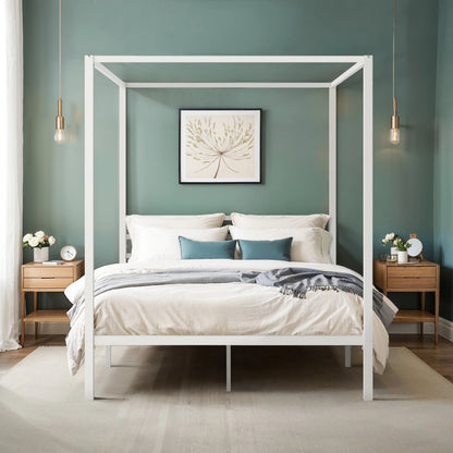 Canopy Bed Frame 4-Poster 3-Metal Crossbar, No Box Spring Needed
