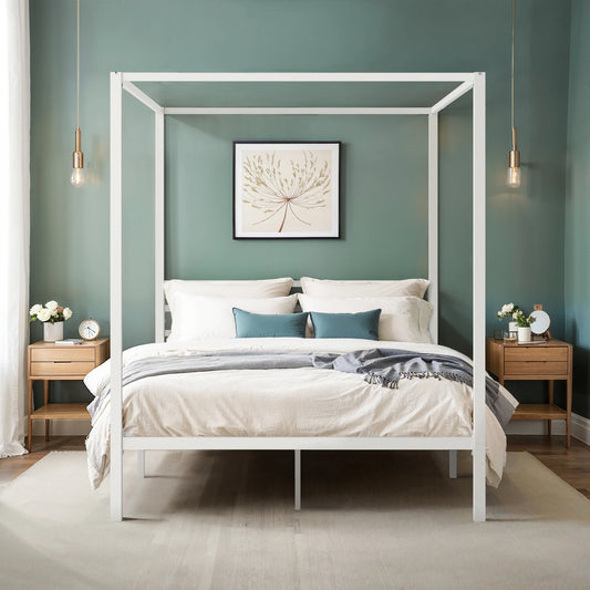 Canopy Bed Frame 4-Poster 3-Metal Crossbar, No Box Spring Needed
