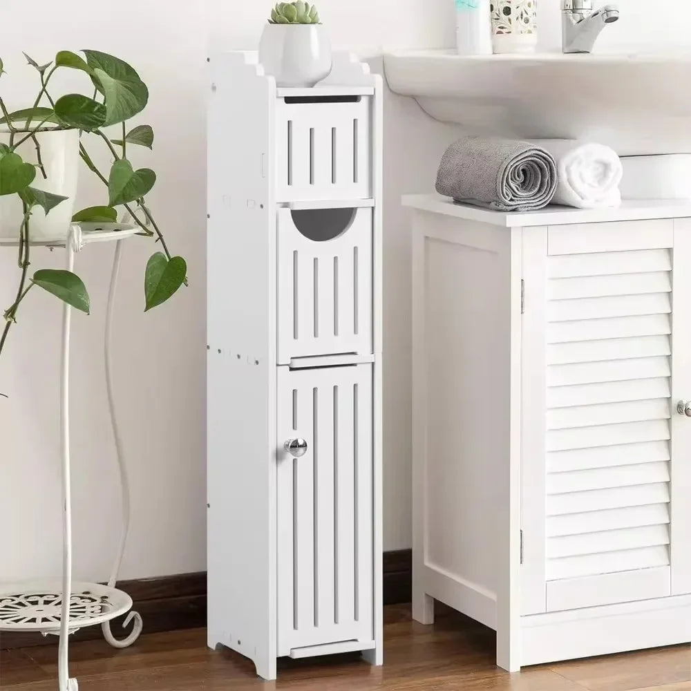 Bathroom Storage Cabinet Toilet Paper Holder Stand With Door Free-Standing Storages Shelfs Small Spaces Corner Organizer shelves