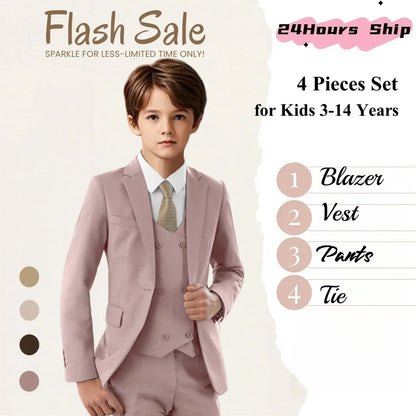 High Quality Kids Suit Set, 4-Piece Slim Fitting  Jacket, Pants, Vest, Bowtie, One Button Communion Kids Suits.