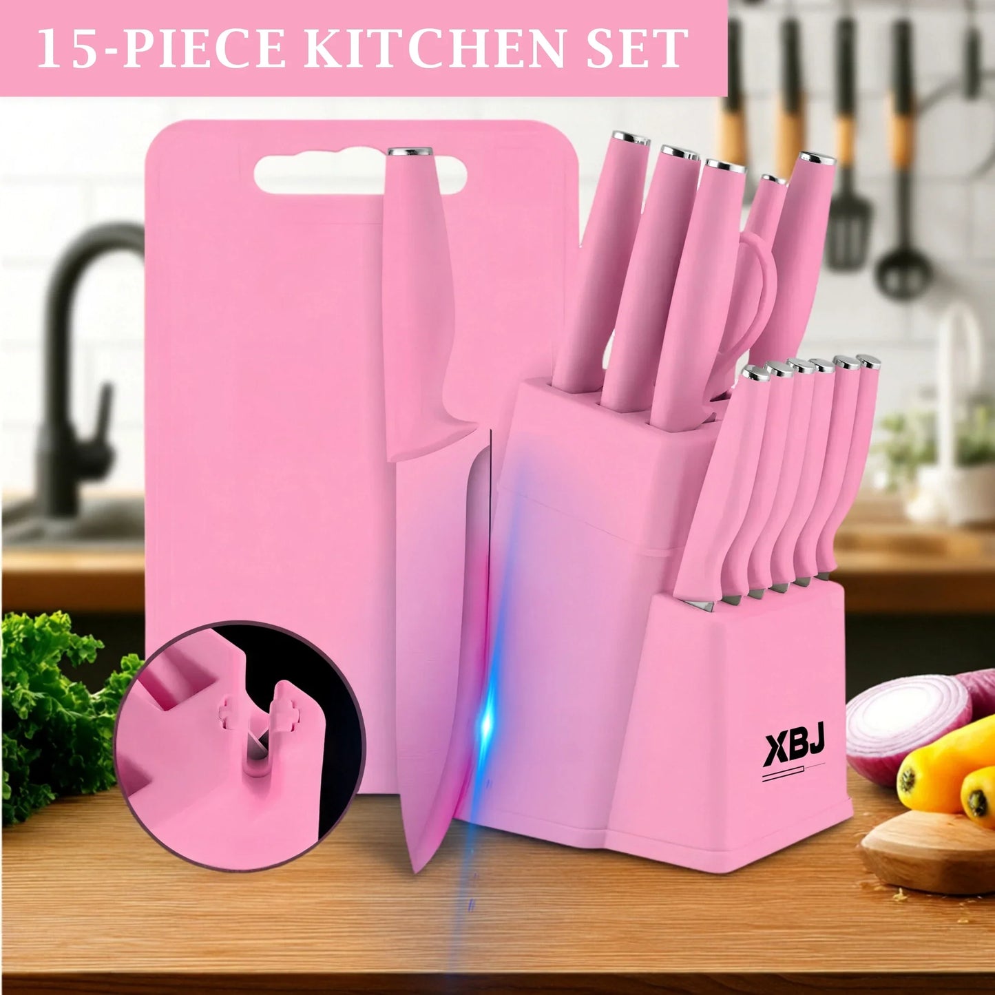 15-piece kitchen stainless steel knife set with knife holder, space-saving storage, full handling of ingredients.