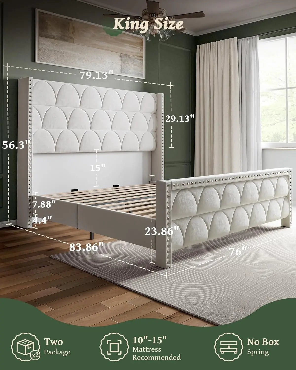 King Size Bed Frame with 56" Headboard - 1000LBS Capacity Support, Velvet Upholstered Wingback Platform Bed Frame.