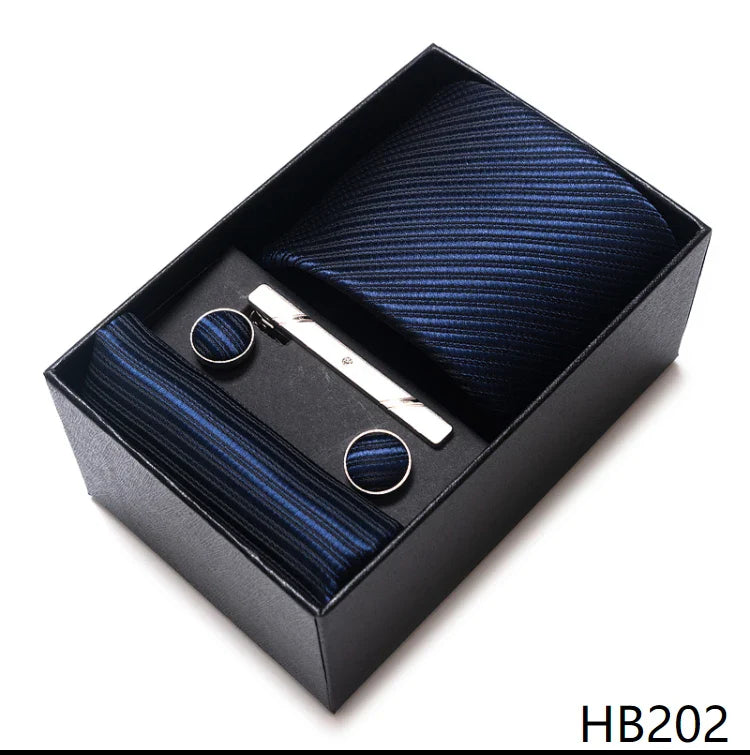 8 cm Wide Tie Sets Blue Solid Men's Neck Tie Handkerchief Cufflinks Clip Gift Silk Handmade