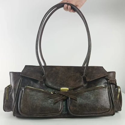 Vintage Underarm Bag for Women | Soft Split Leather Multi-Pocket Shoulder Handbag (Luxury Designer, Half Moon Shape)
