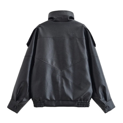 Women Fall 2025 New Black Long Sleeve Pebble Faux Leather Jacket.