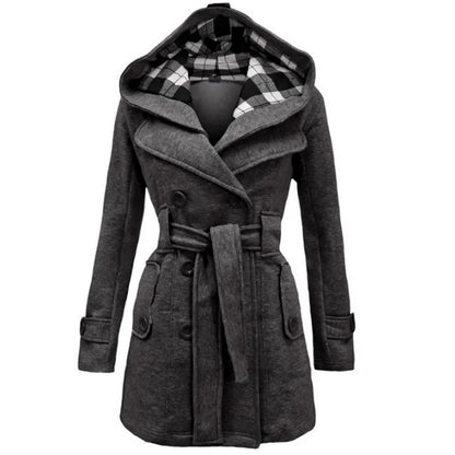 New Plaid Hooded Woolen Coat, Waist Belt Double Row Buttons, Mid-Length Outerwear.