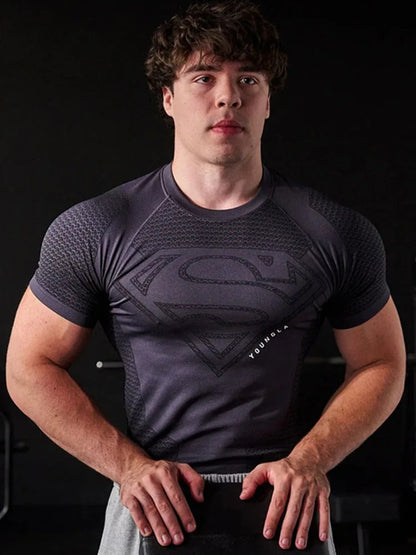 New style Men High Elastic Quick Dry Sports T-Shirt, Tight Workout Breathable Summer Short sleeve tops.