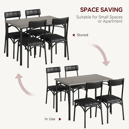 5-Piece Industrial Dining Table Set, Compact Kitchen Table & 4 Padded Chairs, Dining Room Furniture Set for Small Space.