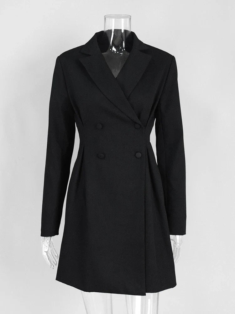 Woman Clothes Elegant Double Breasted Tunics Blazer Dresses ,Long Sleeve Buttons Solid Black Short Dress