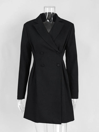 Woman Clothes Elegant Double Breasted Tunics Blazer Dresses ,Long Sleeve Buttons Solid Black Short Dress