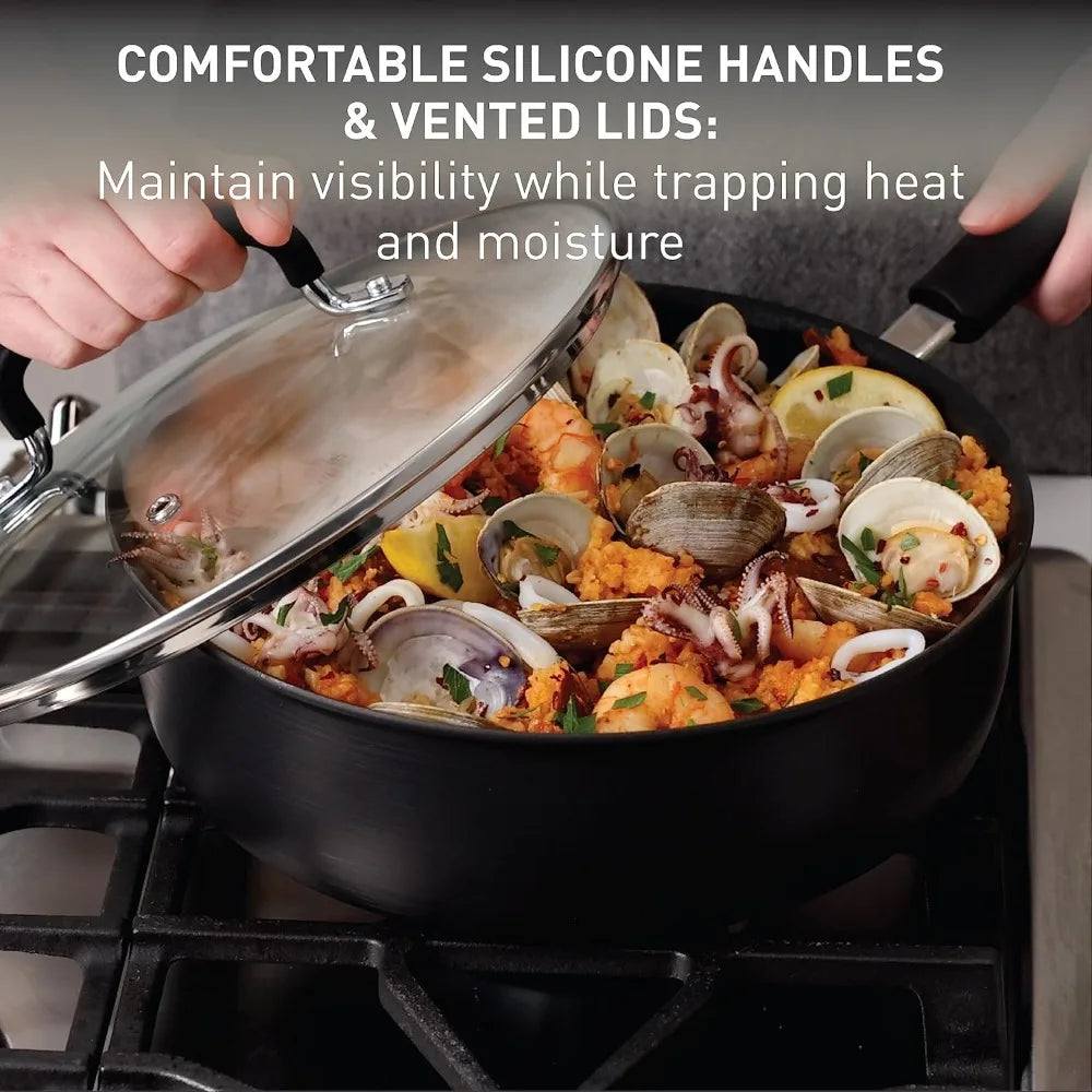 17-Piece Nonstick Cookware Set, Hard Anodized Pots and Pans with Thermo-Spot, Dishwasher Safe, Oven Safe Up to 400°F.