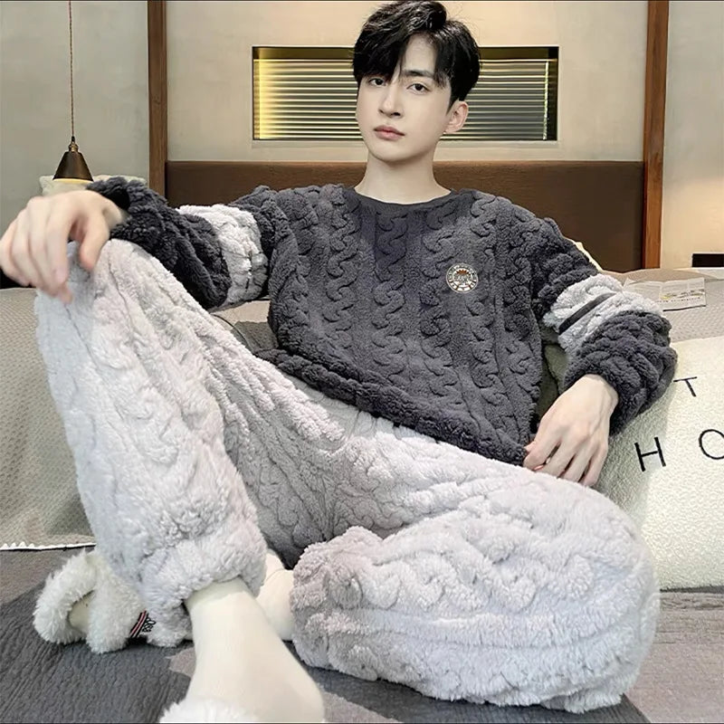 Thickened Warm Plus Size Men’s Pajamas, Autumn and Winter  Nightwear.