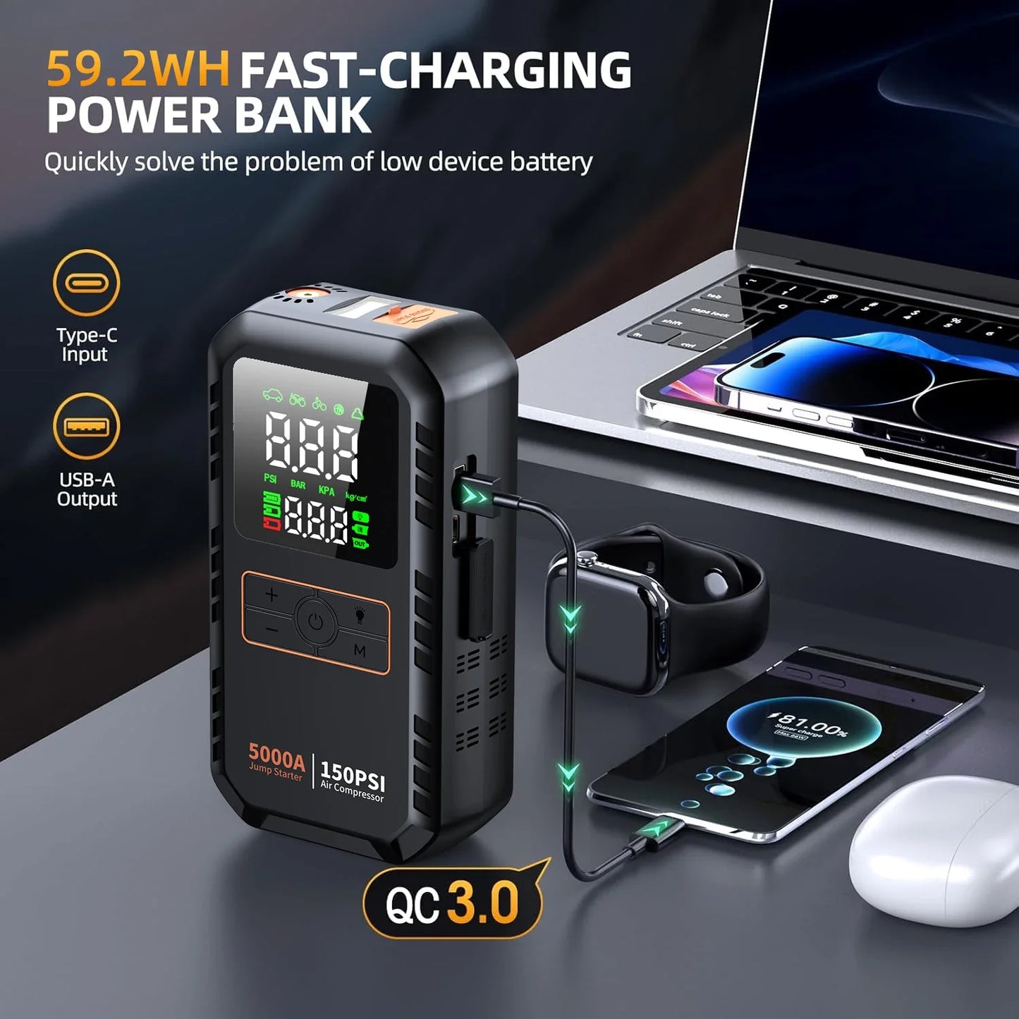 4-IN-1 Car Jump Starter with Air Compressor 5000A Auto Battery Booster,150PSI Air Pump Portable Tire Inflator.