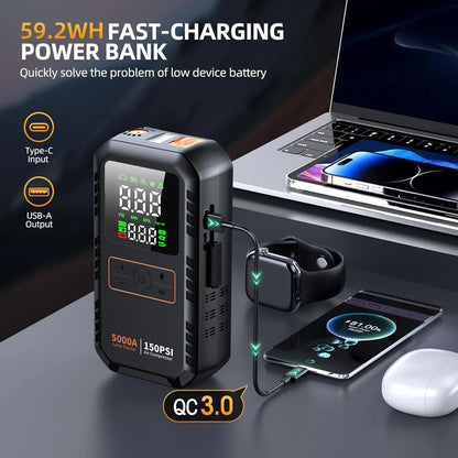4-IN-1 Car Jump Starter with Air Compressor 5000A Auto Battery Booster,150PSI Air Pump Portable Tire Inflator.