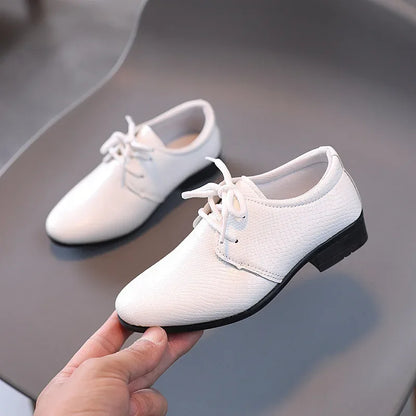 Boy Leather Shoe Black ,White Versatile Flats for School, Causal Fashion Lace-up Formal Uniform Shoes.