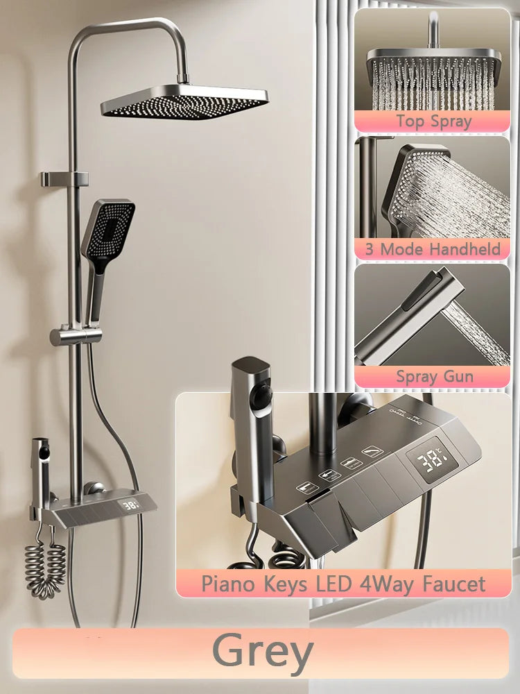Bathroom Shower Full Set, Black White Gray Bathtub Shower, Digital LED Hot Cold Faucet