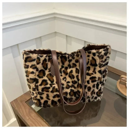 Winter Fashion Leopard Print Plush Women's Bags | Versatile Casual Trendy Premium Texture Large Capacity Shoulder Handbag