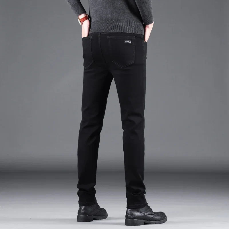 New Men Pure Black Slim Jeans, Elastic Pants Business Fashion Leisure Denim Pants.