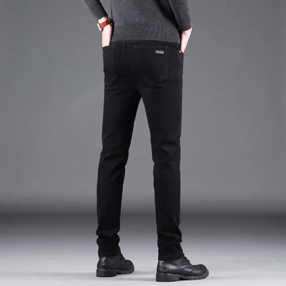 New Men Pure Black Slim Jeans, Elastic Pants Business Fashion Leisure Denim Pants.