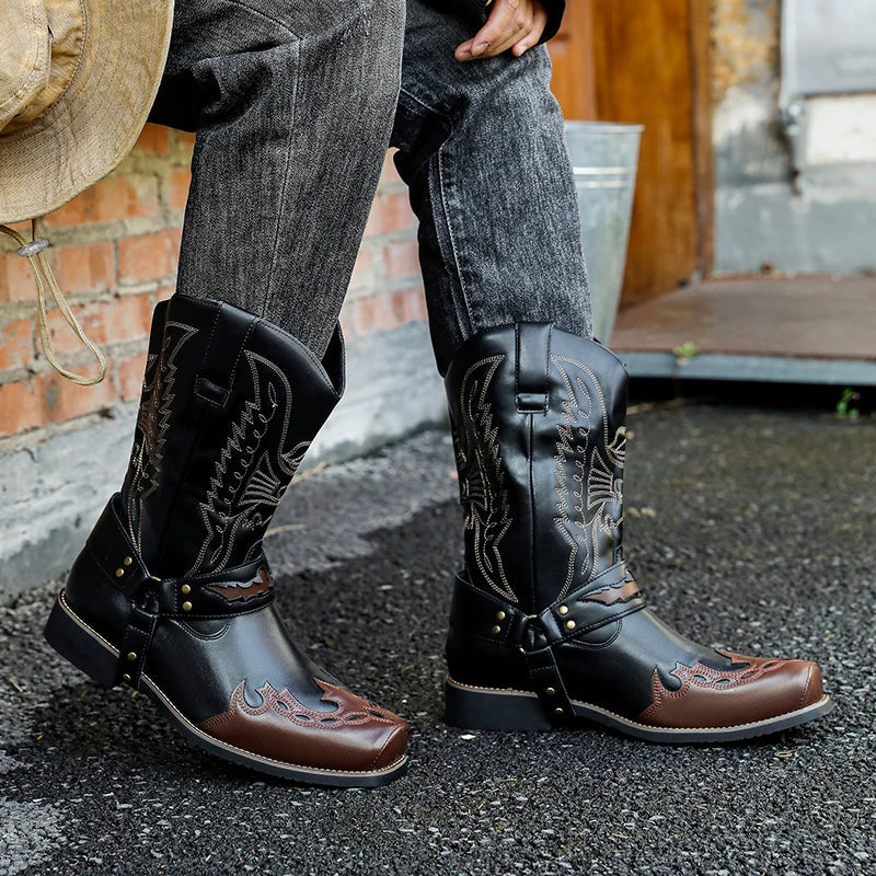 2025 Men's Western Cowboy Style Boots - Two-color Geometric Pattern.