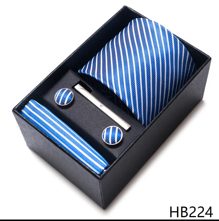 8 cm Wide Tie Sets Blue Solid Men's Neck Tie Handkerchief Cufflinks Clip Gift Silk Handmade