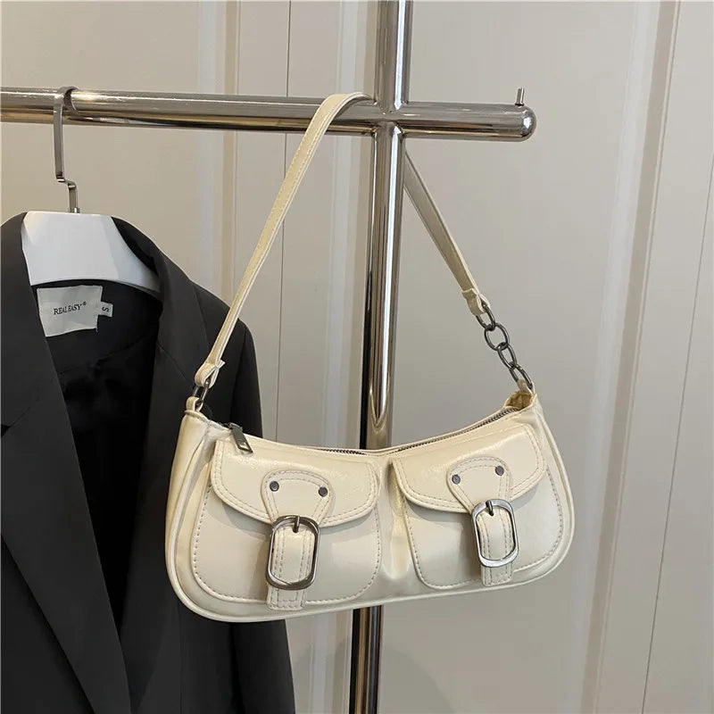 Fashion Pu Leather Women's Shoulder Bag, Small Double Pocket Design Ladies Underarm Bags Y2k. Vintage Female Handbags Clutch Purse