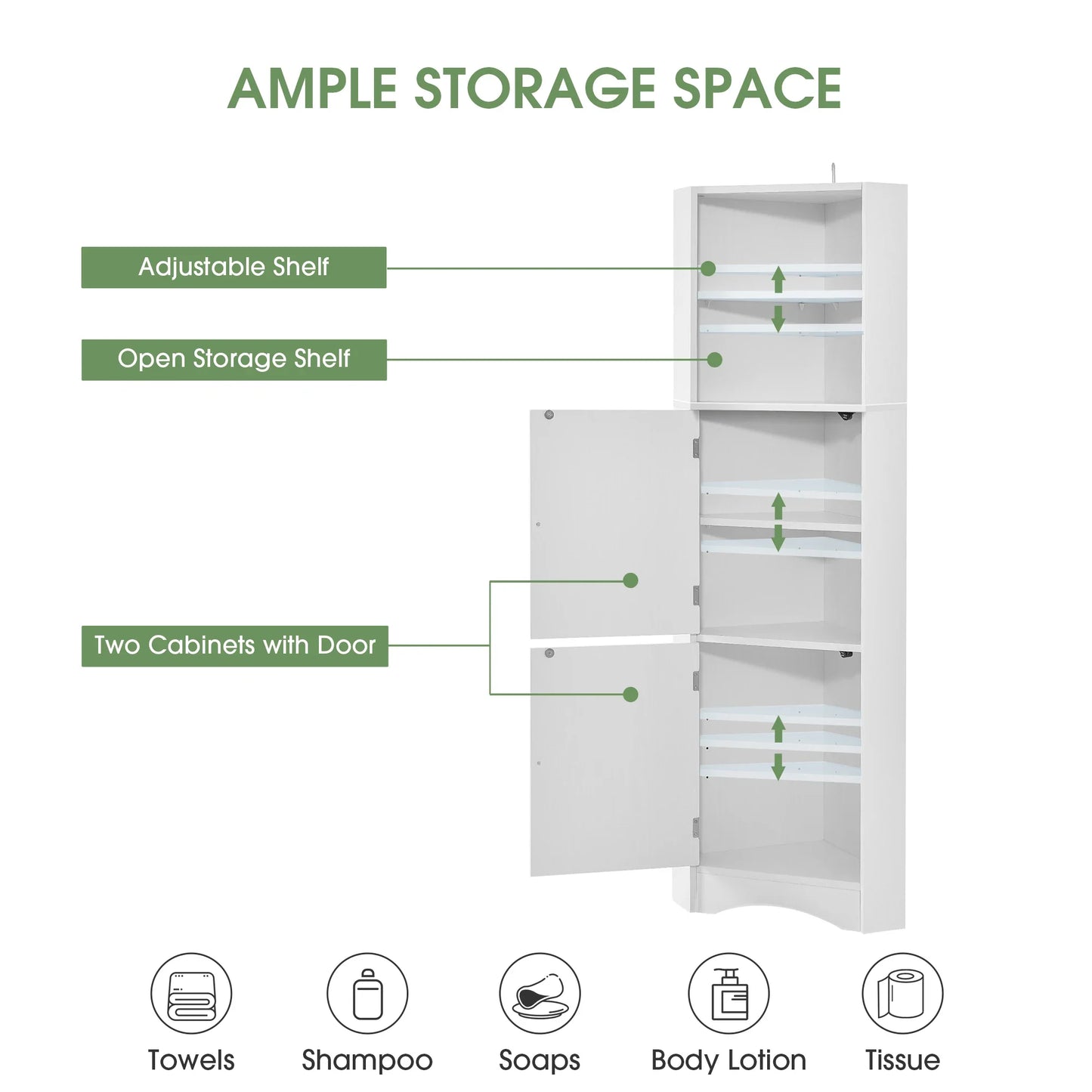 Tall Bathroom Corner Cabinet, Freestanding Storage with Doors, and Adjustable Shelves.