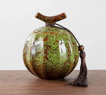 Pumpkin Style Tea Jar Ceramic Tea Barrel Yellow, Green, red Sealed Storage Pot .
