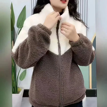 Women Jacket Thickened Lamb, Fleece Long Sleeve Mid Length Overcoat.
