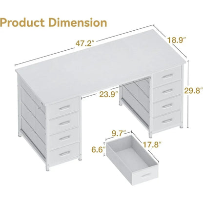 48-Inch White Computer Desk with 8 Fabric Drawers, Modern Office Desk for Home Office.
