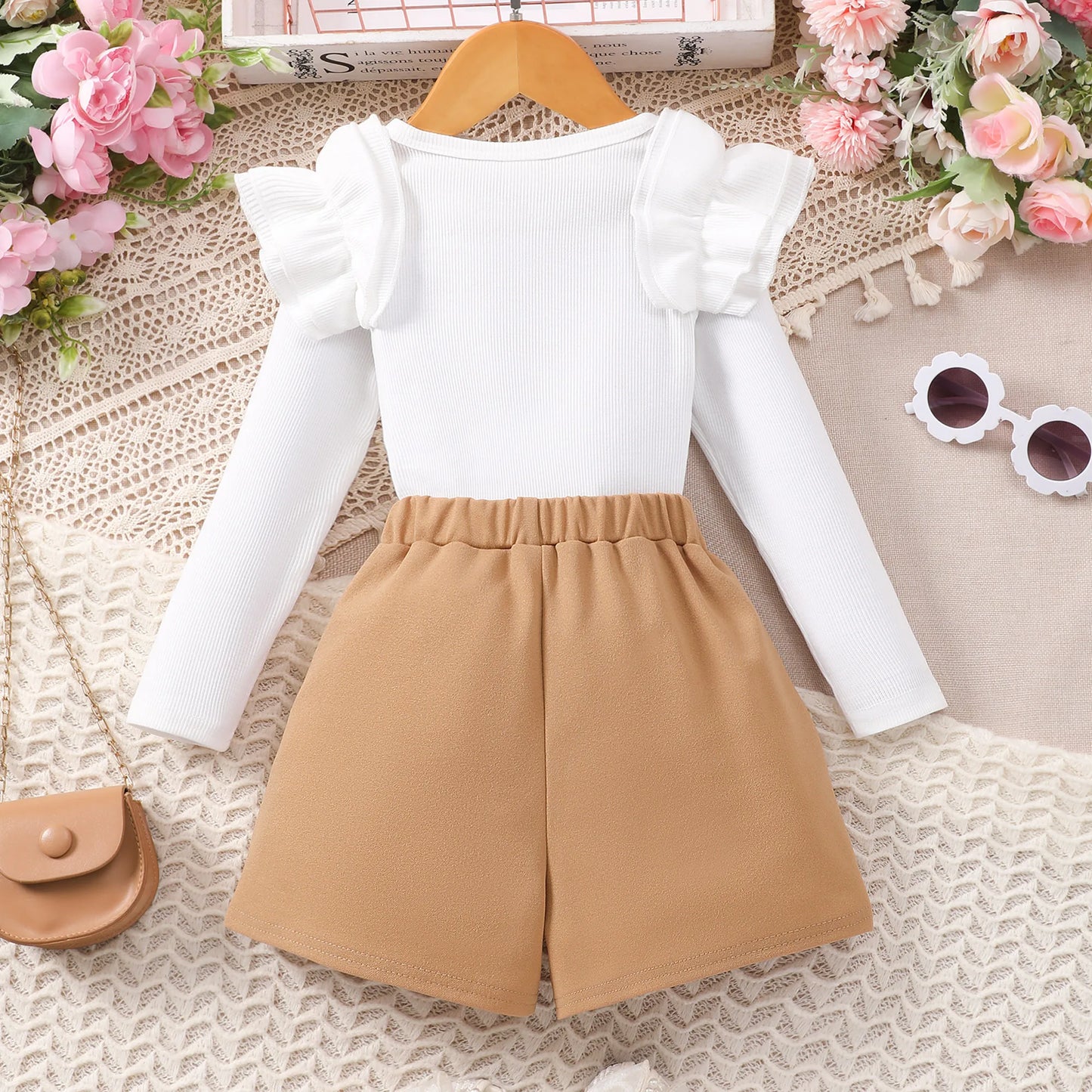 Girl's neat color long sleeved round neck, elastic waist skirt pants set.