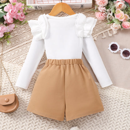 Girl's neat color long sleeved round neck, elastic waist skirt pants set.