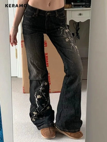Wee keep Floral Embroidery Jeans Vintage 2000s Low Rise Women Retro y2k Baggy Denim Pants.